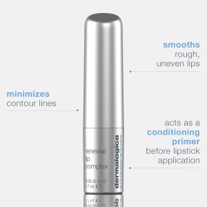 Lip care product with text describing its benefits on a white background